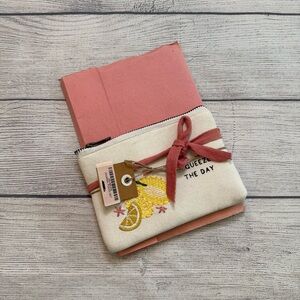 Mud Pie Embroidered Lemon Canvas Pouch with Pink Notebook